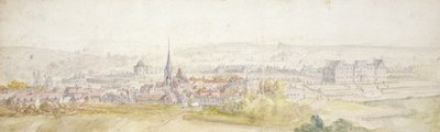 Distant view of a town with a chateau on the right by Adam Frans van der Meulen